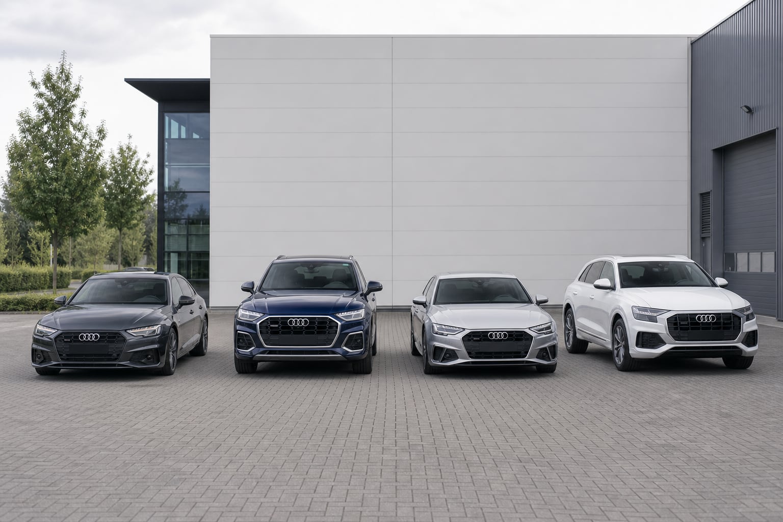Audi-Fahrzeuge in einer geordneten Reihe